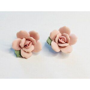 Vintage ceramic Pink Rose Clip-On Earrings In Gift Box